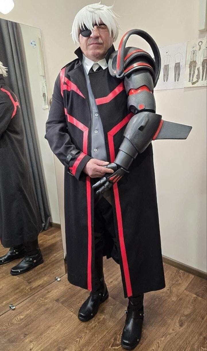 Anime-Style Cosplay Costume: Black Coat with Red Accents, Futuristic Cybernetic Arm, Holster, EVA Foam, Cosplay Wig, Handmade, Gift, Anime