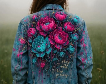 Custom Hand-Painted Floral Denim Jacket, Unique Statement Piece