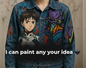 May include: A blue denim jacket with a custom anime-themed design. The jacket has a button-up front and features painted anime characters. The left side has a character, and the right side has a purple and green creature. The text "I can paint any your idea" is at the bottom.