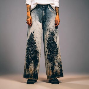 K&ouml;nnte beinhalten: Weit geschnittene Jeans aus Denim mit hellblauer Waschung und schwarzem Blumendesign. Die Jeans haben einen einzigartigen Spritzeffekt und eine hohe Taille. Das Blumenmuster konzentriert sich auf die Unterschenkel.