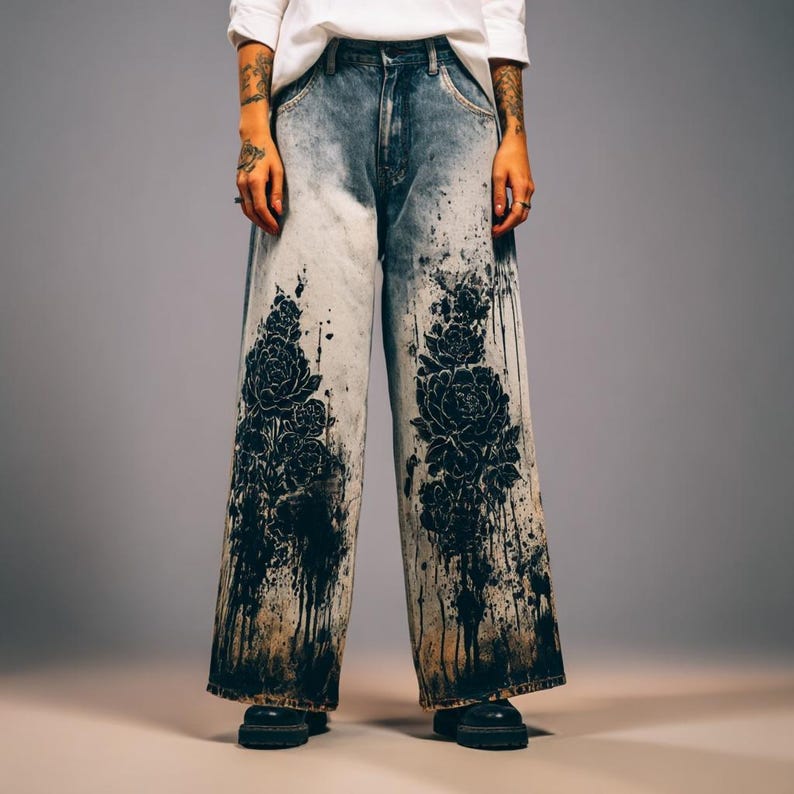 K&ouml;nnte beinhalten: Weit geschnittene Jeans aus Denim mit hellblauer Waschung und schwarzem Blumendesign. Die Jeans haben einen einzigartigen Spritzeffekt und eine hohe Taille. Das Blumenmuster konzentriert sich auf die Unterschenkel.