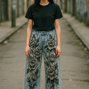 K&ouml;nnte beinhalten: Hellblaue Jeans mit gro&szlig;em, schwarzem Blumendesign. Die Jeans mit weitem Bein werden mit einem schwarzen T-Shirt und einer M&uuml;tze getragen. Der Look hat eine l&auml;ssige, k&uuml;nstlerische &Auml;sthetik.
