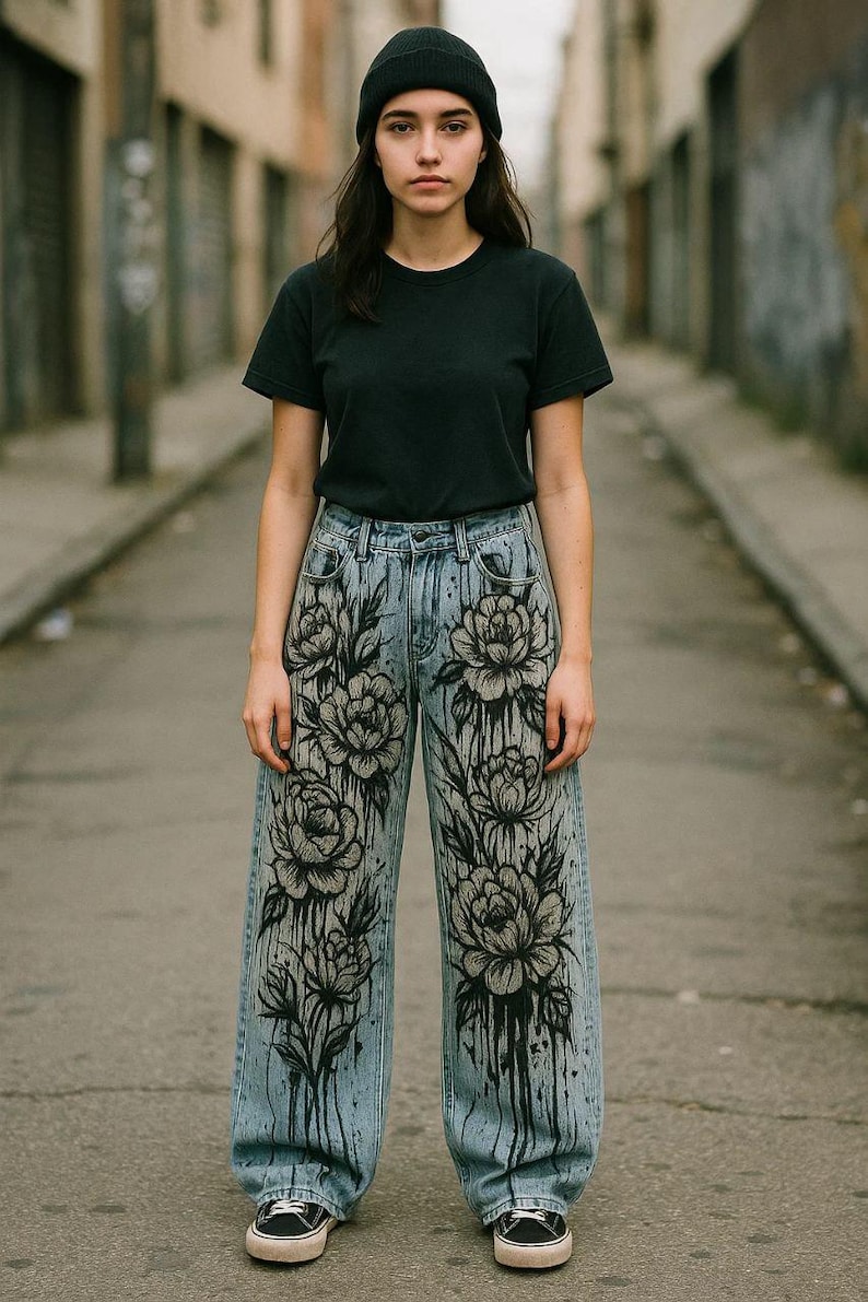 K&ouml;nnte beinhalten: Hellblaue Jeans mit gro&szlig;em, schwarzem Blumendesign. Die Jeans mit weitem Bein werden mit einem schwarzen T-Shirt und einer M&uuml;tze getragen. Der Look hat eine l&auml;ssige, k&uuml;nstlerische &Auml;sthetik.