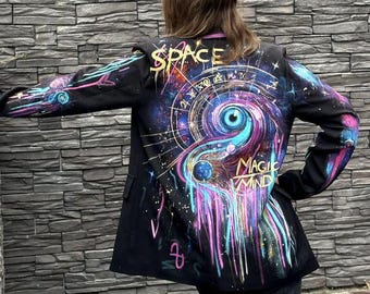 Handbemalte Jacke, Benutzerdefiniertes kosmisches Design, personalisierte Kunstkleidung