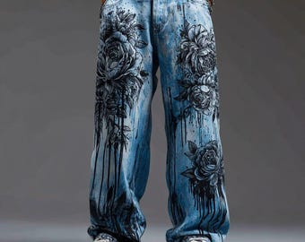 Hand Painted Floral Denim Jeans, Custom Grunge Style