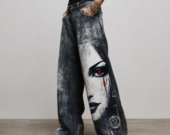 Hand-Painted Gothic Wide-Leg Jeans, Dark Rock Portrait Art