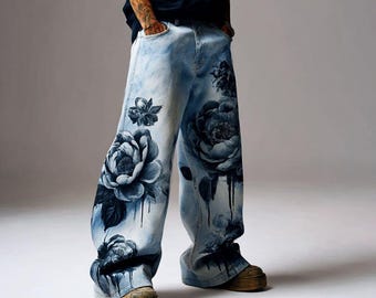 Custom Hand-Painted Floral Denim Jeans, Grunge Style