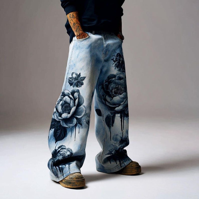 K&ouml;nnte beinhalten: Hellblaue Jeans mit gro&szlig;en, dunkelblauen Blumenmustern. Die Hose mit weitem Bein hat eine verwaschene Optik und eine einzigartige, k&uuml;nstlerische &Auml;sthetik. Das Blumenmuster umfasst gro&szlig;e pfingstrosenartige Bl&uuml;ten und kleinere florale Akzente.