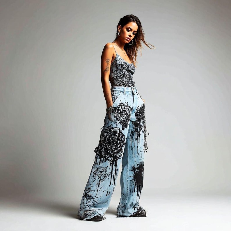 K&ouml;nnte beinhalten: Ein hellblaues Jeans-Outfit mit schwarzem Blumendesign. Das Outfit umfasst ein Camisole-Top und eine weite Jeans mit einer gro&szlig;en Rosengrafik und Farbspritzern. Das Model tr&auml;gt das Outfit.