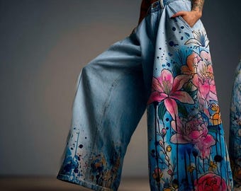 Custom Painted Denim Jeans, Flowers, Grunge Style, Fashion, Handmade, Casual, Gift, Her, Statement Piece, Street, All Seasons, Handpainted