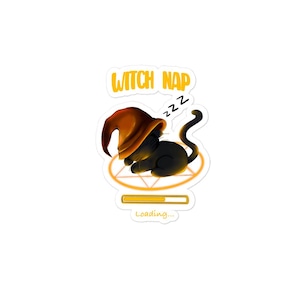 Witch Nap Sticker – Chibi Sleeping Cat on Pentagram – Cute Kawaii Familiar – Magic Nap Vinyl Decal – “Loading…”