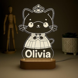 Personalized Princess Kitty Night Light, Cute LED Lamp for Girls, Custom Name Nursery Decor, Gift for Girl, Custom Night Lamp