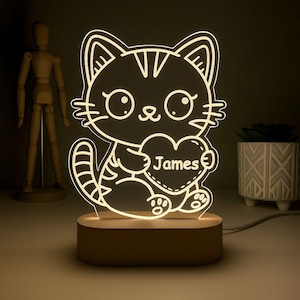 Personalized Cute Cat Night Light, Cute LED Lamp for Girls, Custom Name Nursery Decor, Gift for Girl, Custom Night Lamp