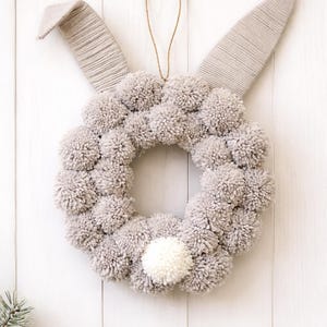 Handmade Bunny Pom Pom Wreath – Easter Bunny Wreath – Spring Door Decoration – Neutral Bunny Decor – Handmade Easter Decor