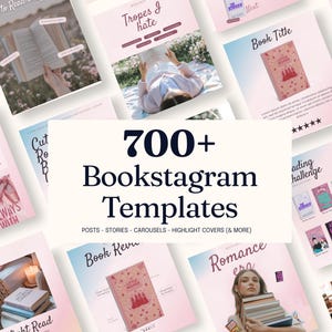 Peut inclure: Ensemble de modèles Bookstagram roses et blancs avec le texte "700+ Bookstagram Templates". Les modèles comprennent des publications, des stories, des carrousels et des couvertures de mise en avant, avec des graphiques liés aux livres.