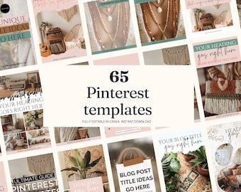 65 Boho Pinterest Pins | Aesthetic Boho  Pinterest Templates Canva | High Converting Pinterest Pins | Customizable Pins |  Social Media Kit