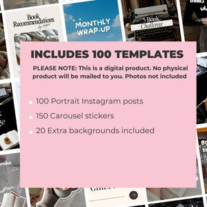 May include: A digital product advertisement featuring various Instagram post templates. The image includes a pink rectangle with the text "INCLUDES 100 TEMPLATES." It lists 100 portrait Instagram posts, 150 carousel stickers, and 20 extra backgrounds.
