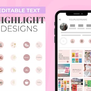 May include: A pink and white phone screen displaying a grid of nine Instagram posts about books. The posts feature book recommendations, book reviews, and book-related quotes. The top of the screen shows a profile picture and the username "YOURUSERNAME".