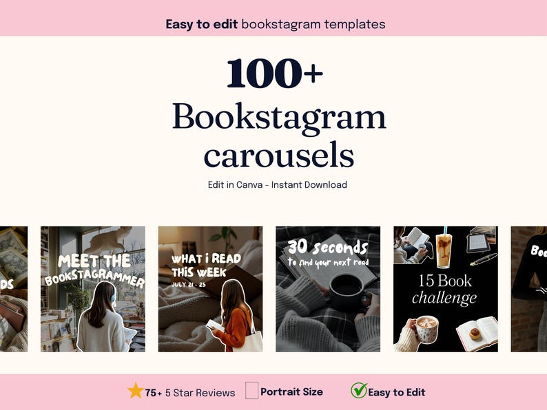 100 Bookstagram Carousel Post Templates, Bookstagram Templates, Bookstagram template for canva, bookstagram post template, bookstagrammer image 1