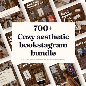 Op de afbeelding: Een digitaal pakket met social media sjablonen met een centrale witte rechthoekige afbeelding met de tekst 700+ Cozy aesthetic bookstagram bundle, omringd door diverse lay-outs met boeken, boekomslagen en leesgerelateerde beelden.