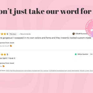 May include: Pink background with the text "Don't just take our word for it:" and customer reviews. The reviews include star ratings, comments, and the names of the reviewers. A logo with stars and the text "Social Pop Design Templates" is in the upper right corner.