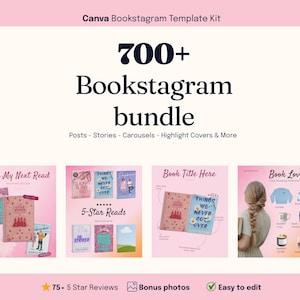 Op de afbeelding: Een roze Canva Bookstagram Template Kit met de tekst "700+ Bookstagram bundle". De afbeelding bevat voorbeelden van berichten, verhalen, carrousels en highlight covers. Extra tekst is "5-sterren beoordelingen" en "Gemakkelijk te bewerken".