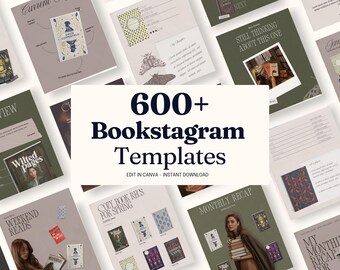 May include: A collection of over 600 Bookstagram templates, designed for use in Canva. The templates feature various layouts with book covers, text, and images. The color palette includes shades of green, beige, and brown.