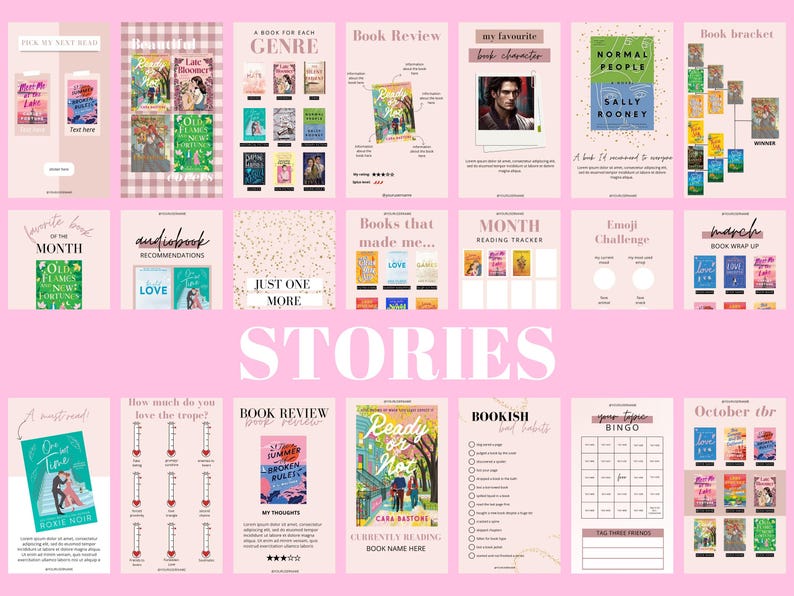 May include: A pink and white printable planner with a variety of book-themed templates. The templates include a book review, a reading tracker, a book bracket, a book wrap-up, a bookish bingo card, and a "books that made me..." grid. The planner is perfect for book lovers who want to track their reading progress and organize their thoughts.