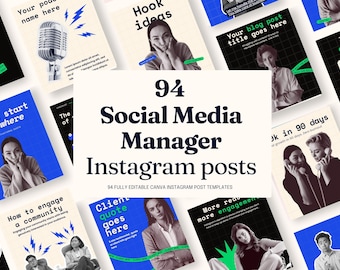 94 Social media manager Instagram post templates for Canva, social media manager templates, Social Media Manager Bundle, marketing templates