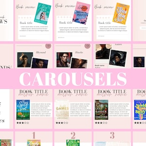May include: A pink and white graphic with the text "CAROUSELS" in large white letters. The graphic features several book covers and titles, including "Summer Broken Rules", "The Seven Year Slip", "The Suite Spot", "Games", "Last Garden England", and "Novel Love Story". The graphic also includes a section titled "Top Book Boyfriends" and a section titled "Mini Book Reviews".