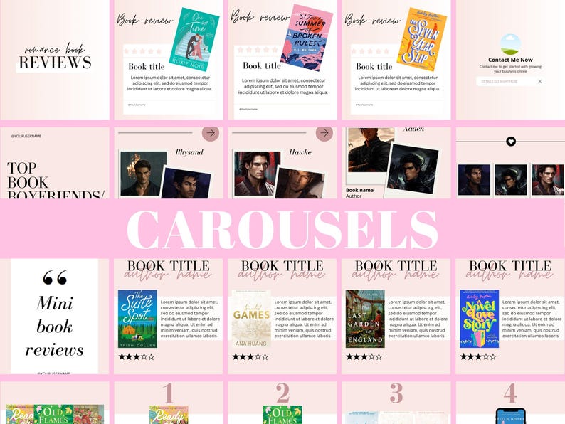 May include: A pink and white graphic with the text "CAROUSELS" in large white letters. The graphic features several book covers and titles, including "Summer Broken Rules", "The Seven Year Slip", "The Suite Spot", "Games", "Last Garden England", and "Novel Love Story". The graphic also includes a section titled "Top Book Boyfriends" and a section titled "Mini Book Reviews".