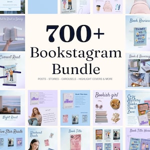 Op de afbeelding: Een verzameling sjablonen voor sociale media met boeken als thema. De afbeelding toont verschillende lay-outs voor berichten, verhalen en highlight covers, met de tekst "700+ Bookstagram Bundle" en voorbeelden zoals "Book Review" en "Current Read".