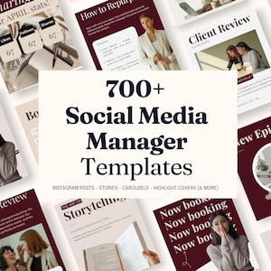 Puede incluir: Una colección de plantillas de redes sociales con el texto "700+ Social Media Manager Templates" y las palabras "Instagram Posts - Stories - Carruseles - Highlight Covers (& More)". Las plantillas son de color burdeos y crema.