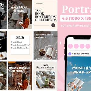 May include: A collection of Instagram post templates with a pink and white theme. The posts feature book-related content, including reading challenges, book recommendations, and monthly wrap-ups. Text includes "30 seconds to find your next read" and "Monthly Wrap-Up".