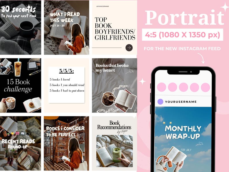 May include: A collection of Instagram post templates with a pink and white theme. The posts feature book-related content, including reading challenges, book recommendations, and monthly wrap-ups. Text includes "30 seconds to find your next read" and "Monthly Wrap-Up".