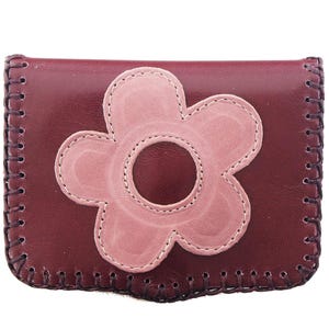 Cartera monedero de cuero genuino. Cartera de piel mujer. Cartera con flor.