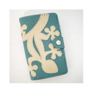 Cartera billetera de piel con gecko. Monedero con billetero y tarjetero de cuero. Cartera de mujer de piel.