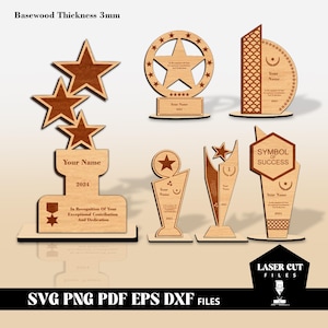 6 verschillende ontwerpen Awards Trophy lasergesneden bundel, Glowforge lasergesneden bestand, houten Award SVG-bestand, houten lasersnijden, digitale download