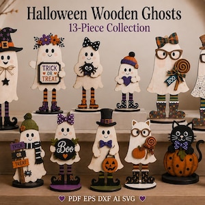 Peut inclure: Une collection de 13 fantômes en bois pour Halloween présentant divers motifs, dont des fantômes avec des chapeaux, des lunettes, des citrouilles et des panneaux indiquant Trick or Treat, Spooky et Boo. L'ensemble inclut un chat noir.