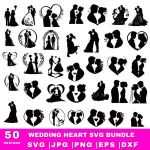 Può includere: Un set di 50 design SVG di cuore di matrimonio in bianco e nero. I design presentano varie pose di coppie a forma di cuore.
