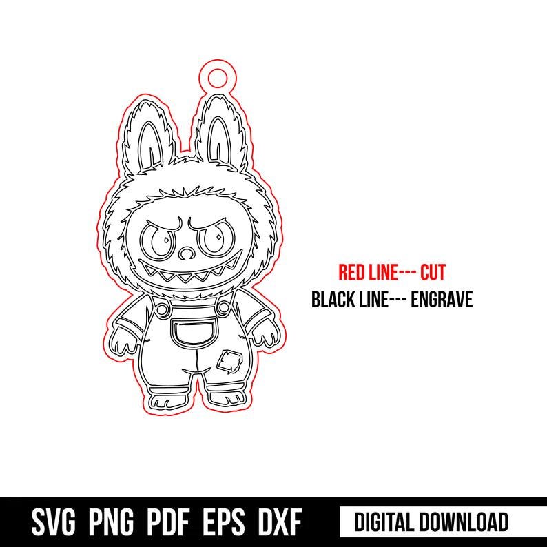 May include: A black and white cartoon illustration of a monster in a bunny costume. The design features a red outline for cutting and black lines for engraving. Text includes "RED LINE---CUT" and "BLACK LINE---ENGRAVE".