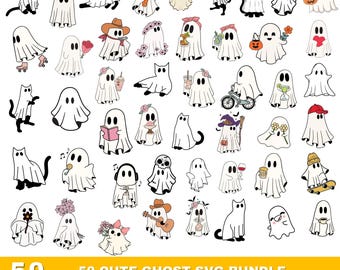 Cute Ghost Halloween svg Bundle, Retro Ghost png,Kawaii Halloween Ghost svg,Spooky Ghost,Halloween svg,Cute ghost with pumpkin,Spooky Season