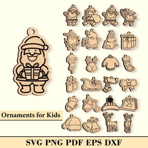 Pacote SVG de brinquedos para árvores de Natal, arquivo cortado a laser para Glowforge Cricut, enfeite de Feliz Natal, enfeites de personagens de Natal para crianças.