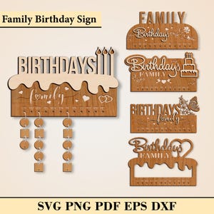 Paquete de letreros de cumpleaños familiares en 3D, calendario de cumpleaños familiar colgante svg, decoración del hogar cortada con láser, celebraciones familiares cortadas con láser, tablero de pared svg
