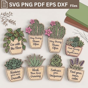May include: A collection of eight wooden plant-themed cutouts featuring various potted succulents and cacti. Each piece displays a unique inspirational phrase such as Go with the Flow, Stay Strong, Bloom Often, Find Beauty in Togetherness, Nurture your own Growth, Heal, then Keep Growing, Embrace your Uniqueness, and Find your inner calm.