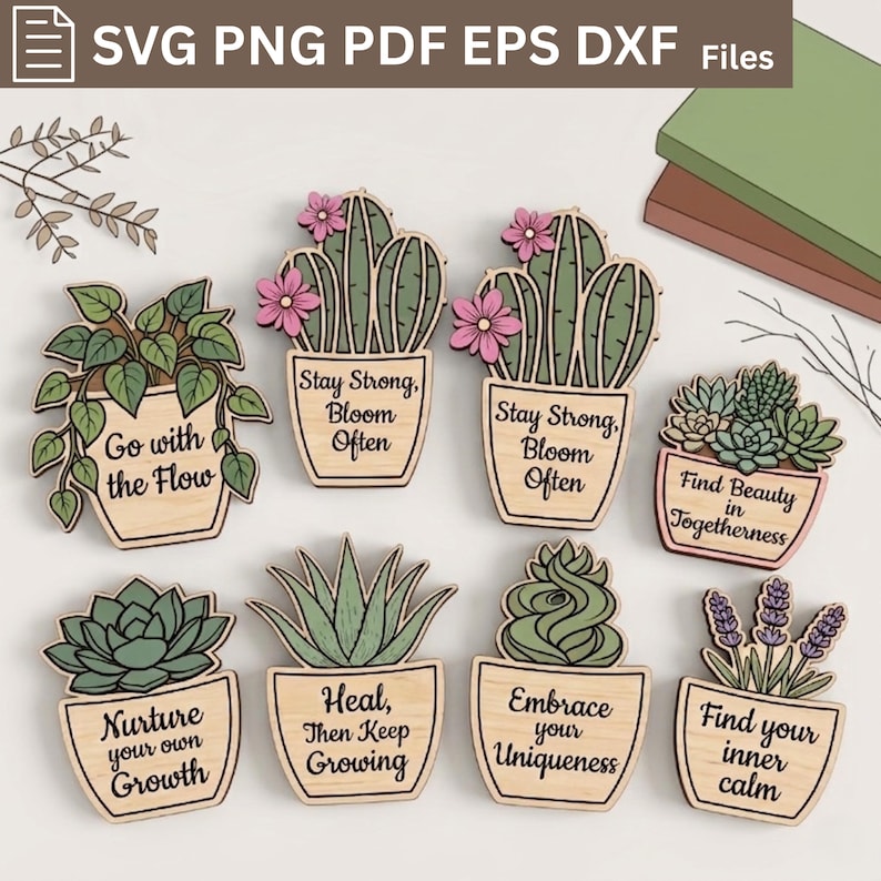 May include: A collection of eight wooden plant-themed cutouts featuring various potted succulents and cacti. Each piece displays a unique inspirational phrase such as Go with the Flow, Stay Strong, Bloom Often, Find Beauty in Togetherness, Nurture your own Growth, Heal, then Keep Growing, Embrace your Uniqueness, and Find your inner calm.