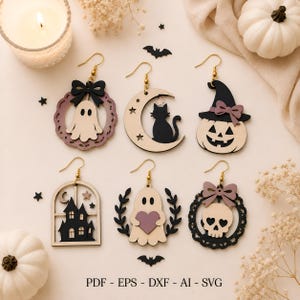 May include: Six pairs of Halloween-themed wooden earrings featuring a ghost in a wreath, a black cat on a crescent moon, a jack-o'-lantern with a witch hat, a haunted house in a window, a ghost holding a heart, and a skull in a wreath. Text: PDF - EPS - DXF - AI - SVG.