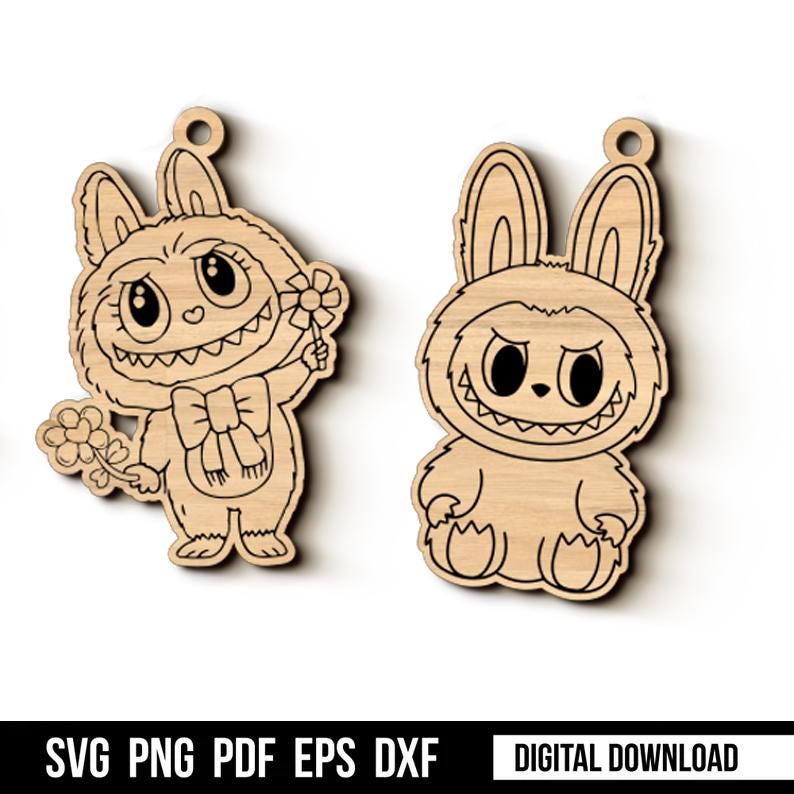 May include: Two wooden cutouts of cartoon monsters. One monster holds a flower and wears a bow tie. The other monster has a similar design. Both have large eyes and toothy grins. The bottom of the image has the text "SVG PNG PDF EPS DXF DIGITAL DOWNLOAD".