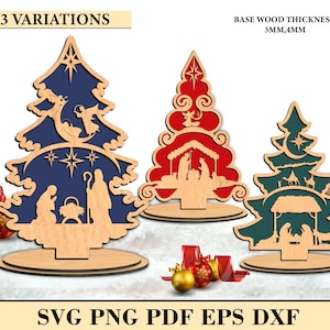 Può includere: Tre varianti di un albero di Natale in legno ritagliato con un design di scena della natività. Gli alberi sono blu, rosso e verde. Il testo "03 VARIATIONS" e "BASE WOOD THICKNESS 3MM, 4MM" è visibile nella parte superiore dell'immagine. Il testo "SVG PNG PDF EPS DXF" è visibile nella parte inferiore dell'immagine.