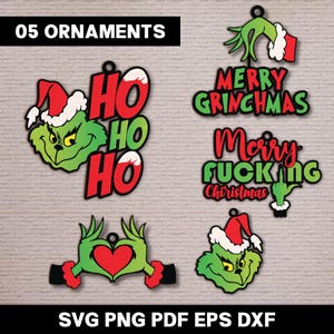 Enfeite de rosto do Grinch cortado a laser, Natal de madeira, enfeite engraçado do Grinch SVG, enfeite do Grinch para o feriado, design intrincado cortado a laser SVG.